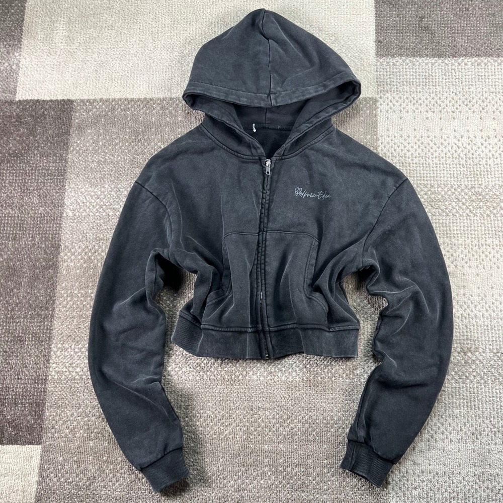 Aelfric Eden Cropped Zip Up Hoodie Charcoal Grey Acid Wash Cotton Womens S